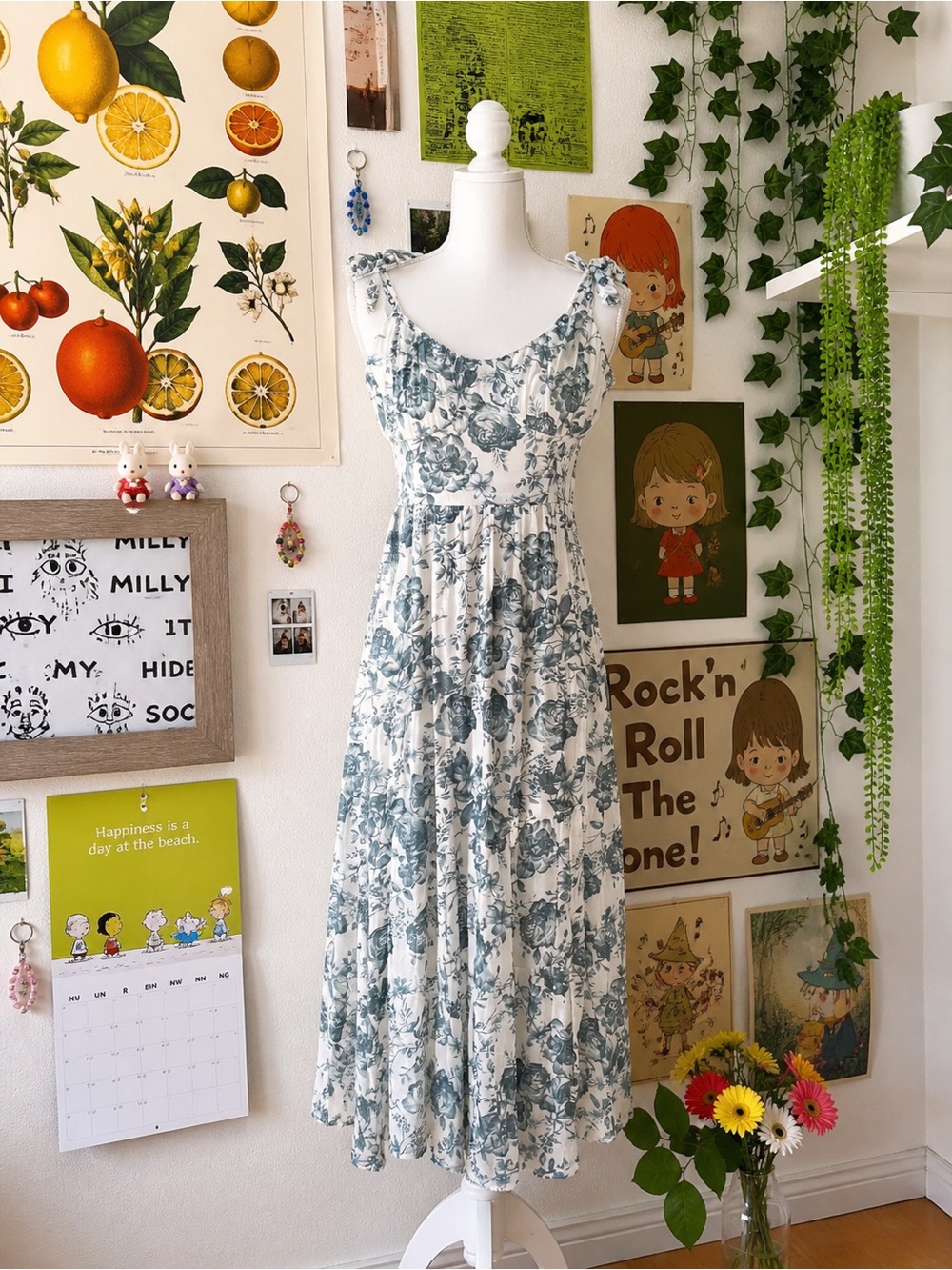 Sleeveless Floral Maxi Dress in Teal on White